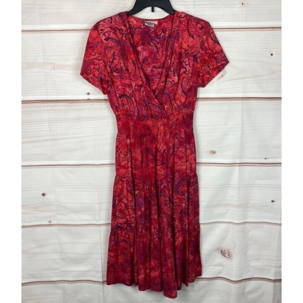 Go Fish Dress Womens Small Red Paisley Smocked Faux Wrap Tea V-Neck Short Sleeve
